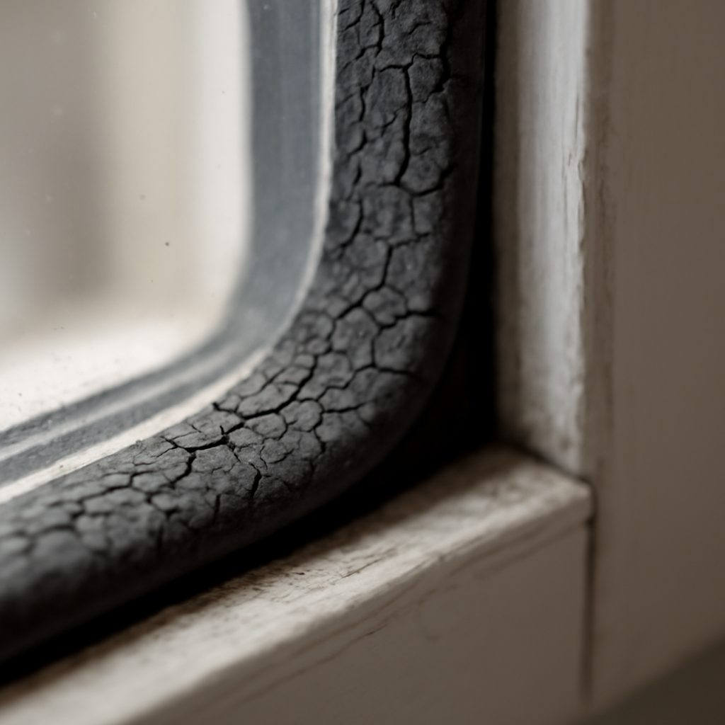 Крупный план старого, потрескавшегося уплотнителя на оконной раме.
