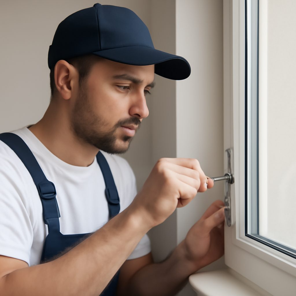 Мастер выполняет регулировку прижима пластикового окна с помощью шестигранного ключа