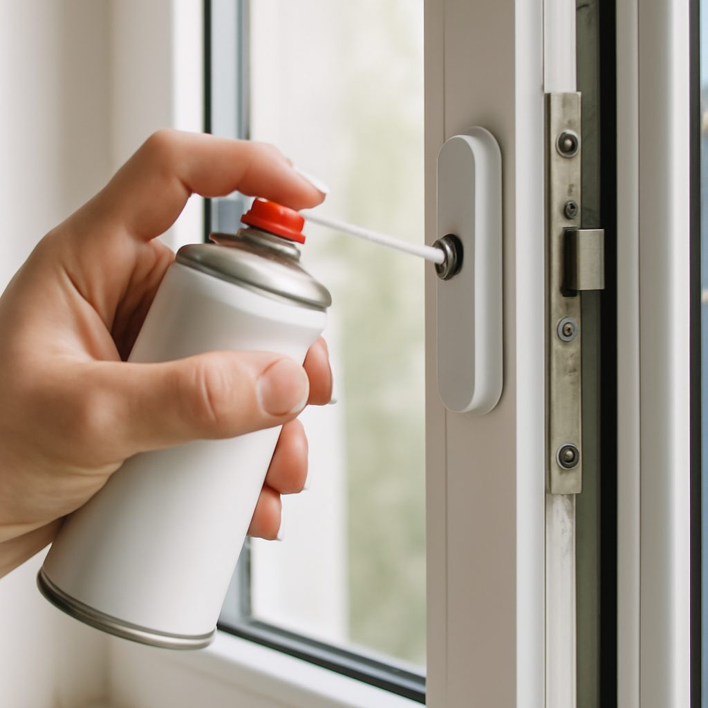 Процесс смазки подвижных элементов оконной фурнитуры специальным средством