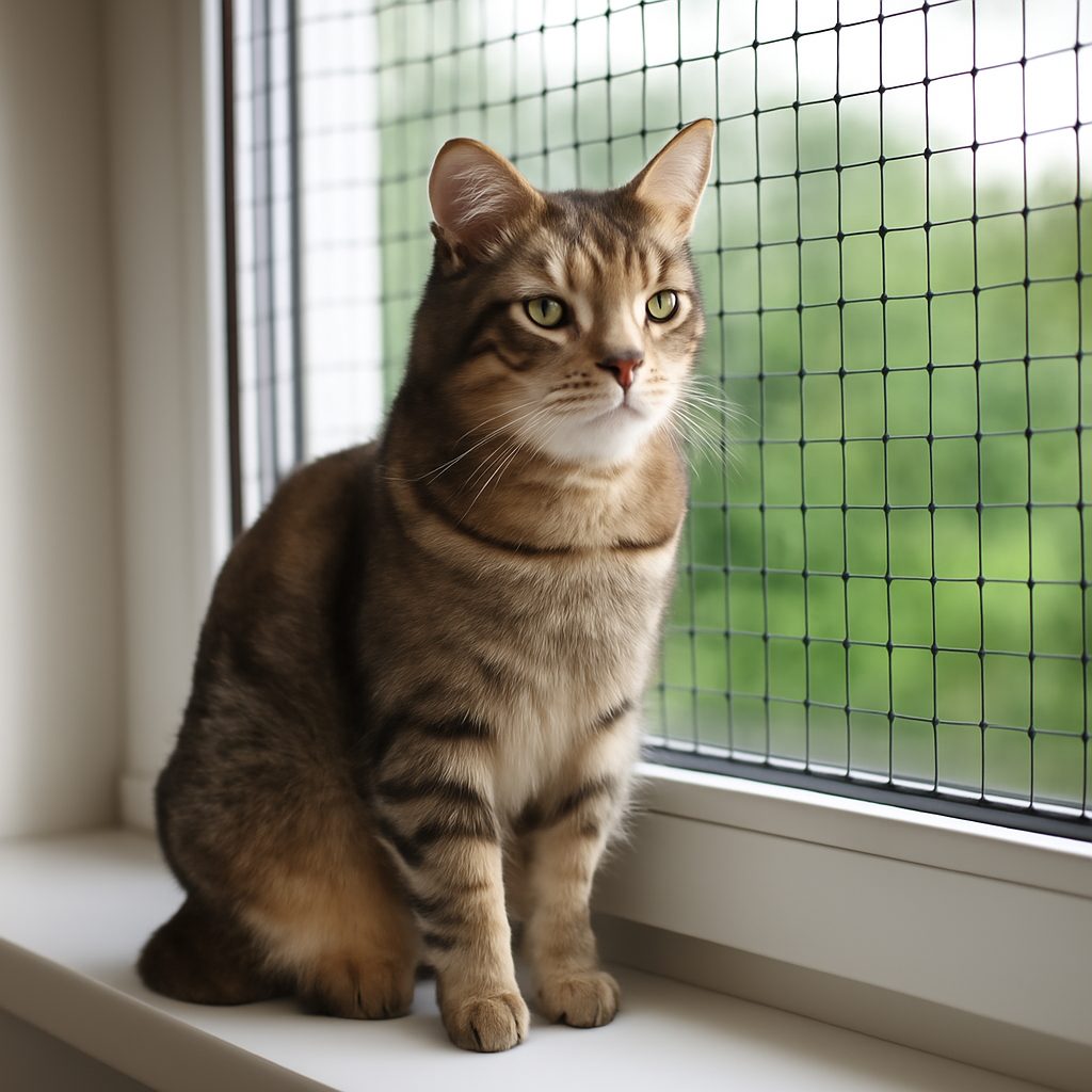 Кот сидит на подоконнике у окна с установленной прочной сеткой Антикошка