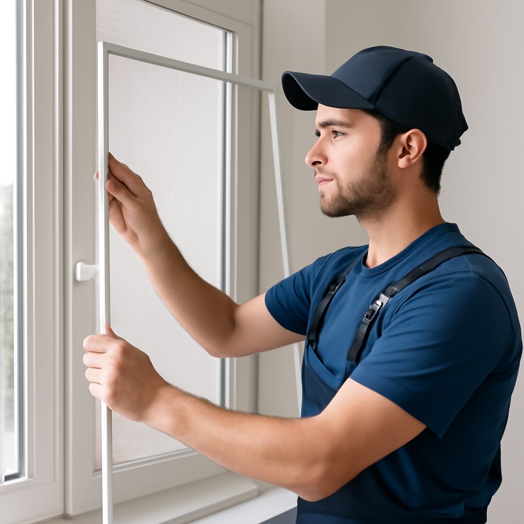 Мастер устанавливает москитную сетку на пластиковое окно