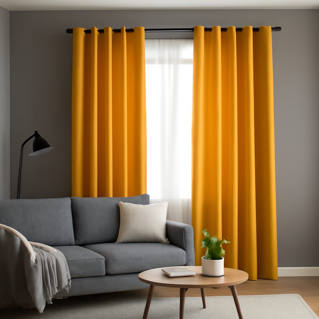 Яркие горчичные шторы как цветовой акцент в серой гостиной