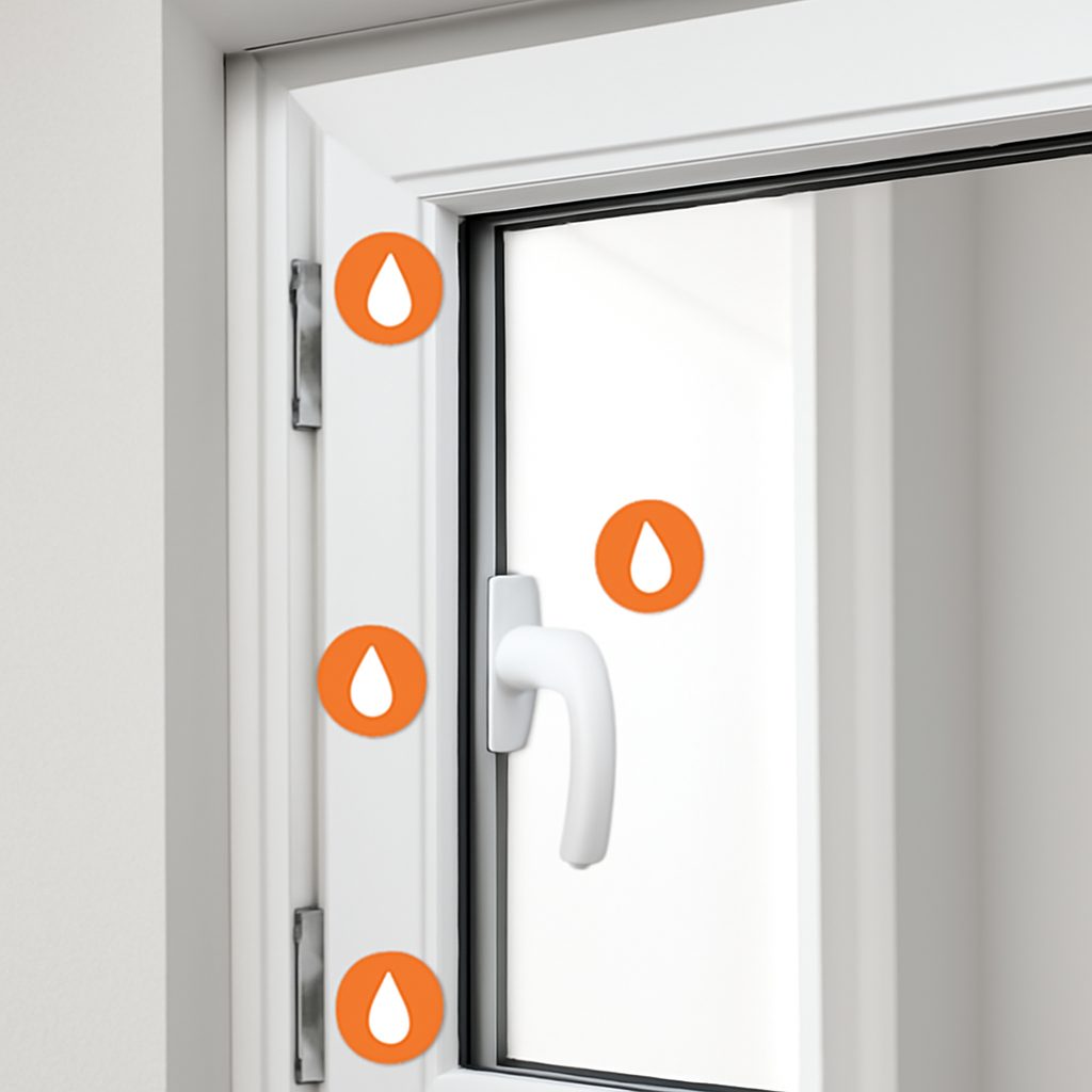 Схема точек смазки фурнитуры и уплотнителя пластикового окна