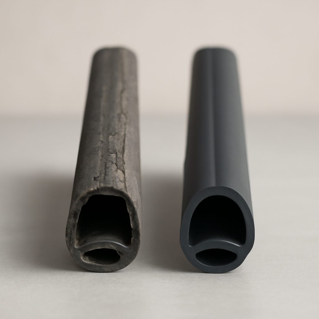 Сравнение старого, изношенного уплотнителя и нового эластичного