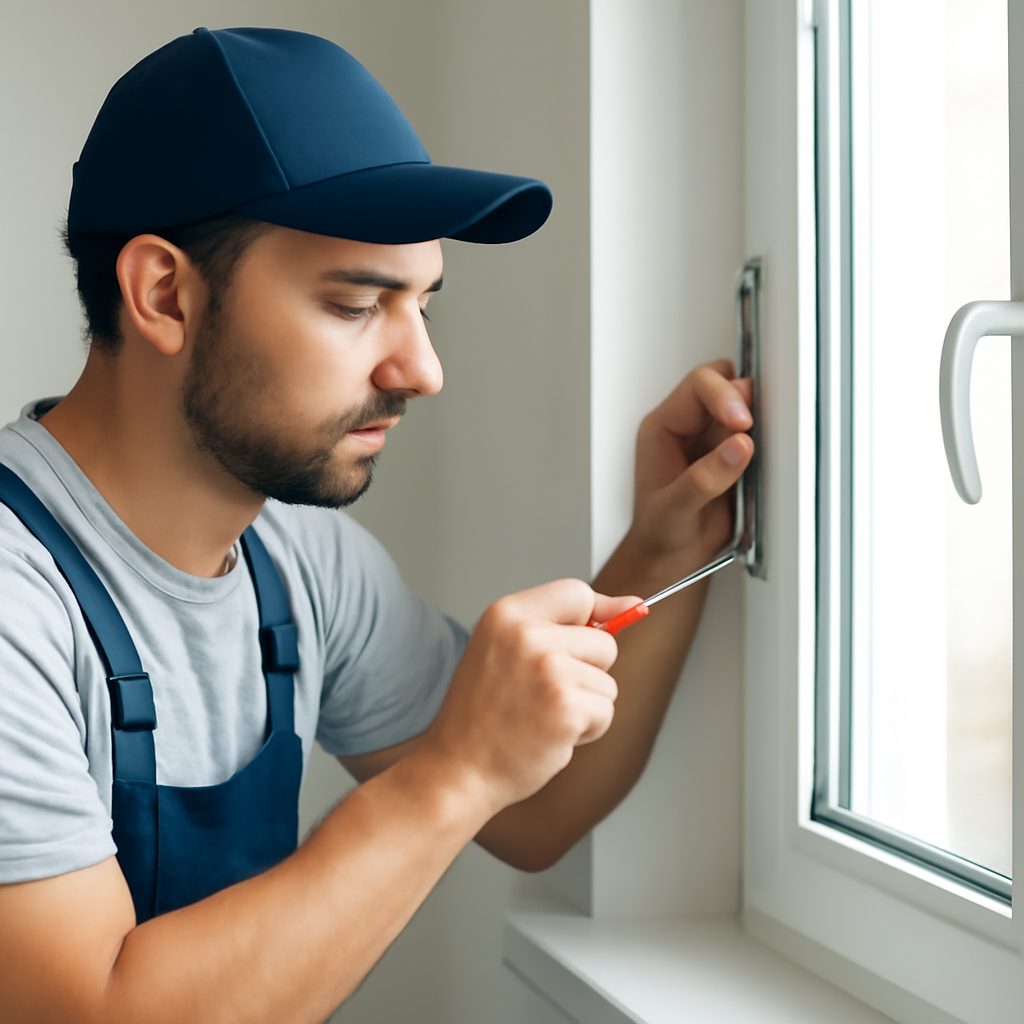 Мастер регулирует фурнитуру пластикового окна