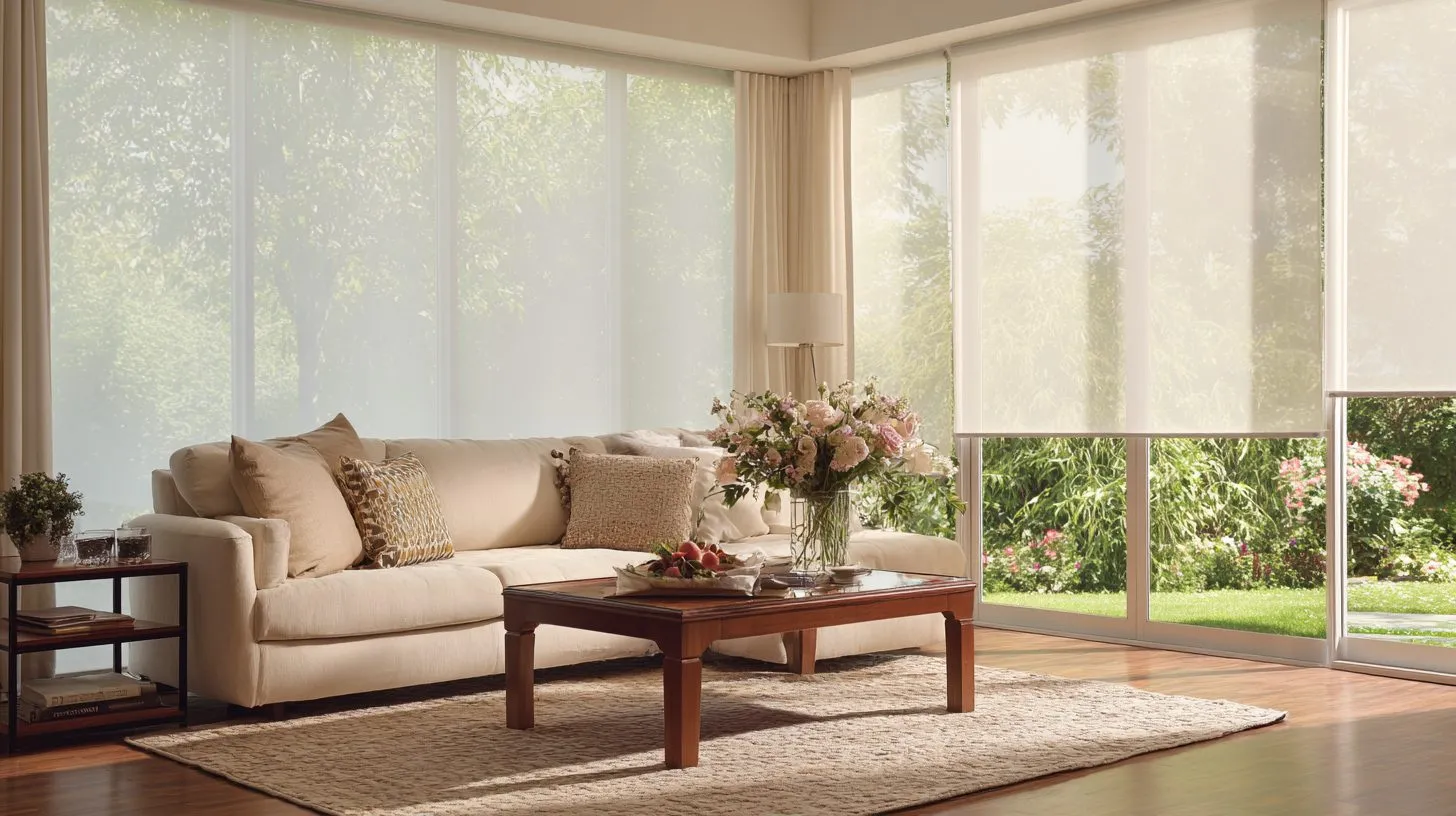 Классические рулонные шторы на окне в гостиной