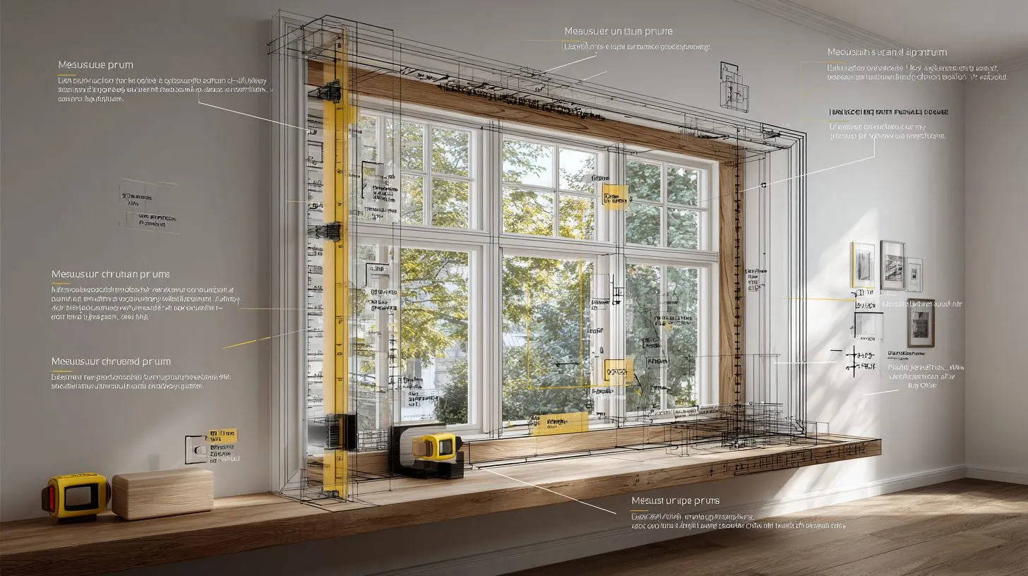 Схема замера окна для рулонных штор с рулеткой и уровнем