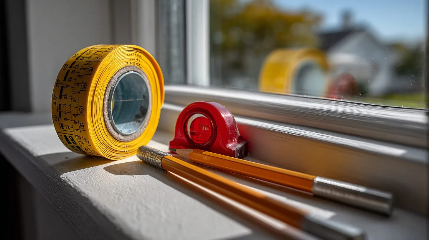 Инструменты для замера окна под рулонные шторы: рулетка, уровень и карандаш на фоне пластикового окна