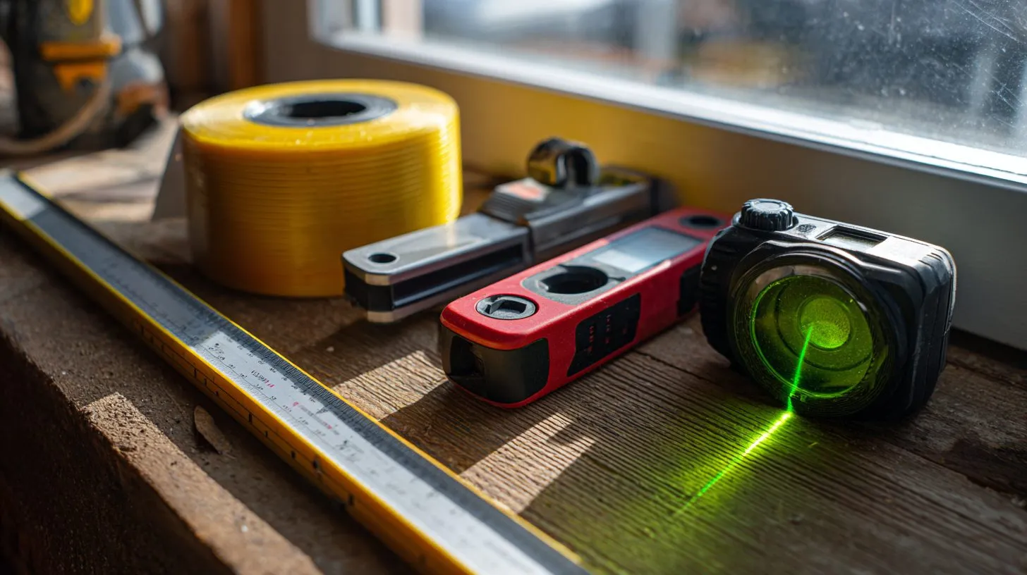 Инструменты для замера окна под рулонные шторы: рулетка, уровень и лазерный дальноме data-yag-processed=