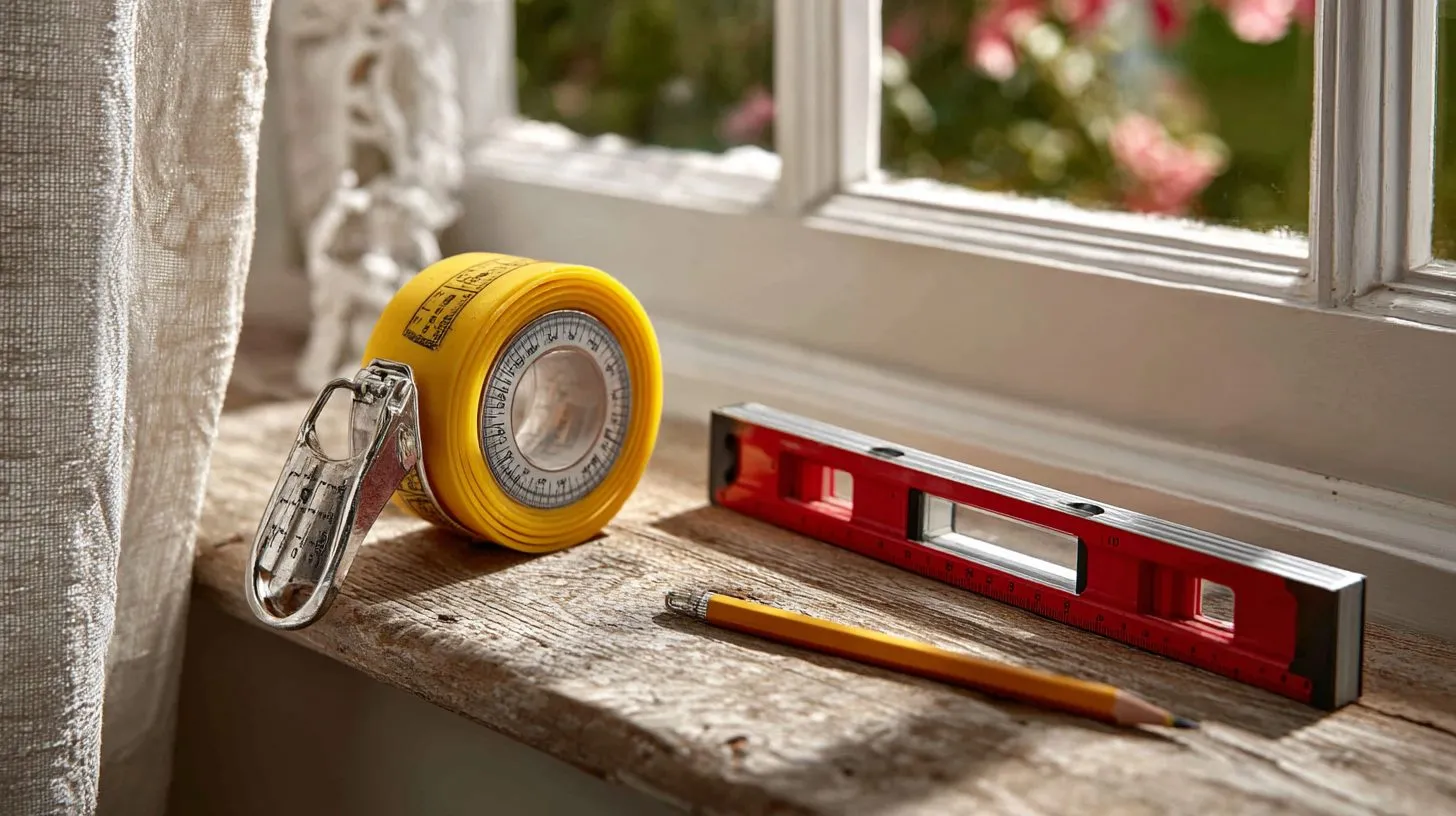 Инструменты для замера окна под рулонные шторы: рулетка, уровень и карандаш на фоне оконного проема