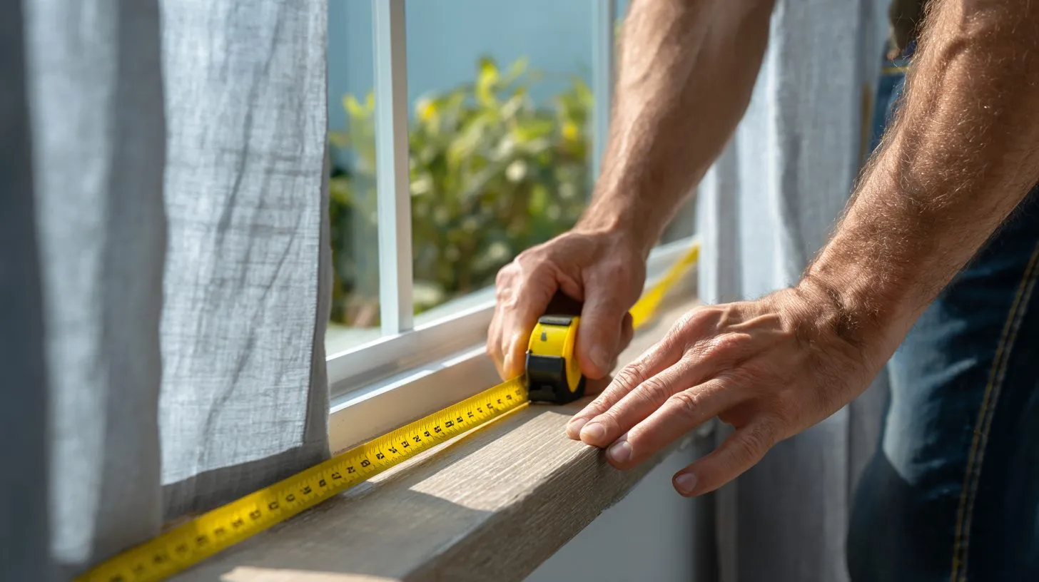 Процесс замера ширины оконного проема рулеткой для рулонных што data-yag-processed=