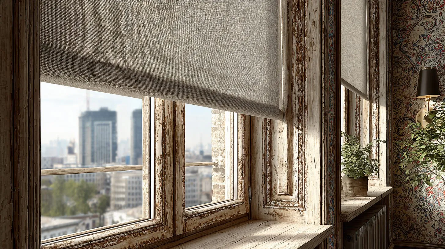 Рулонные шторы блэкаут на окне в российской квартире