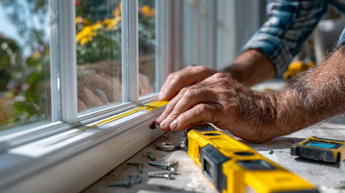 Процесс измерения пластикового окна для установки рулонных што data-yag-processed=