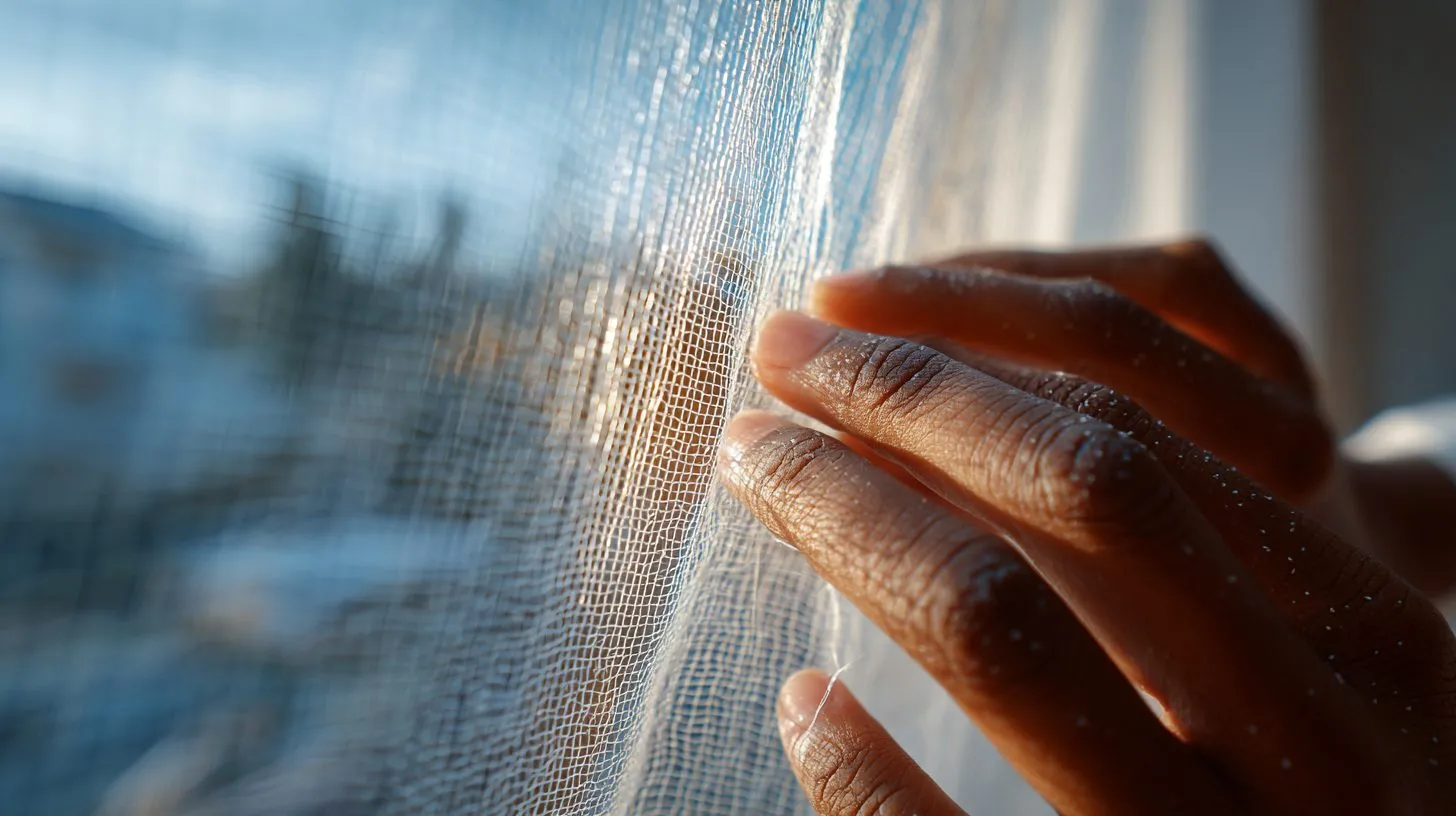 Осмотр москитной сетки на пластиковом окне для выявления повреждений