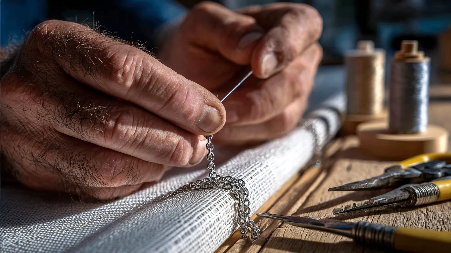 Пошаговое фото вставки цепочки в рулонную штору