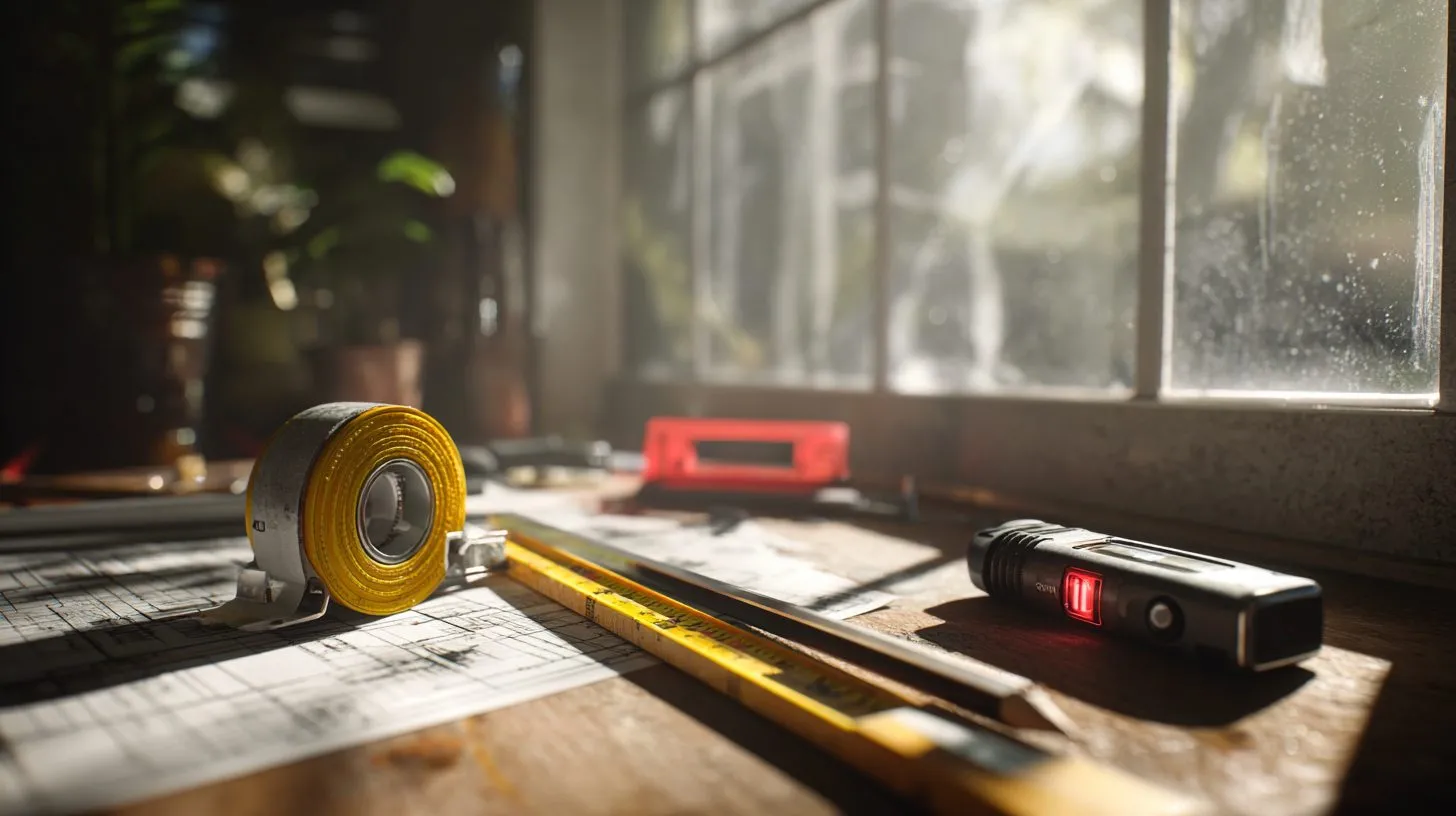 Инструменты для замера окна: рулетка, уровень и лазерный дальноме data-yag-processed=