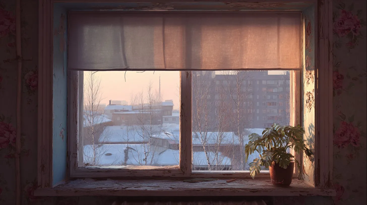 Открытые рулонные шторы на окне в российской квартире