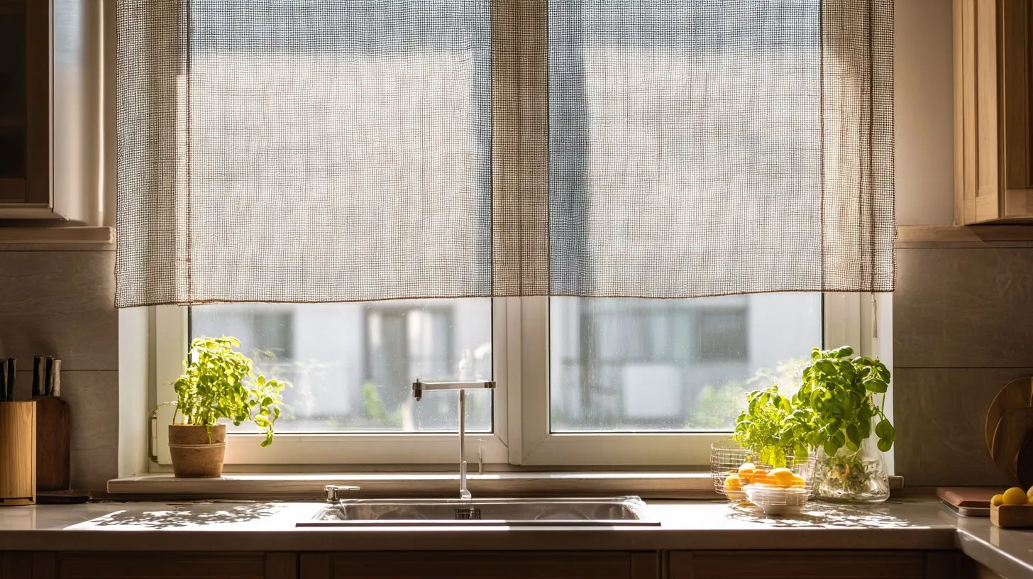 Рулонная москитная сетка в разложенном виде на кухонном окне