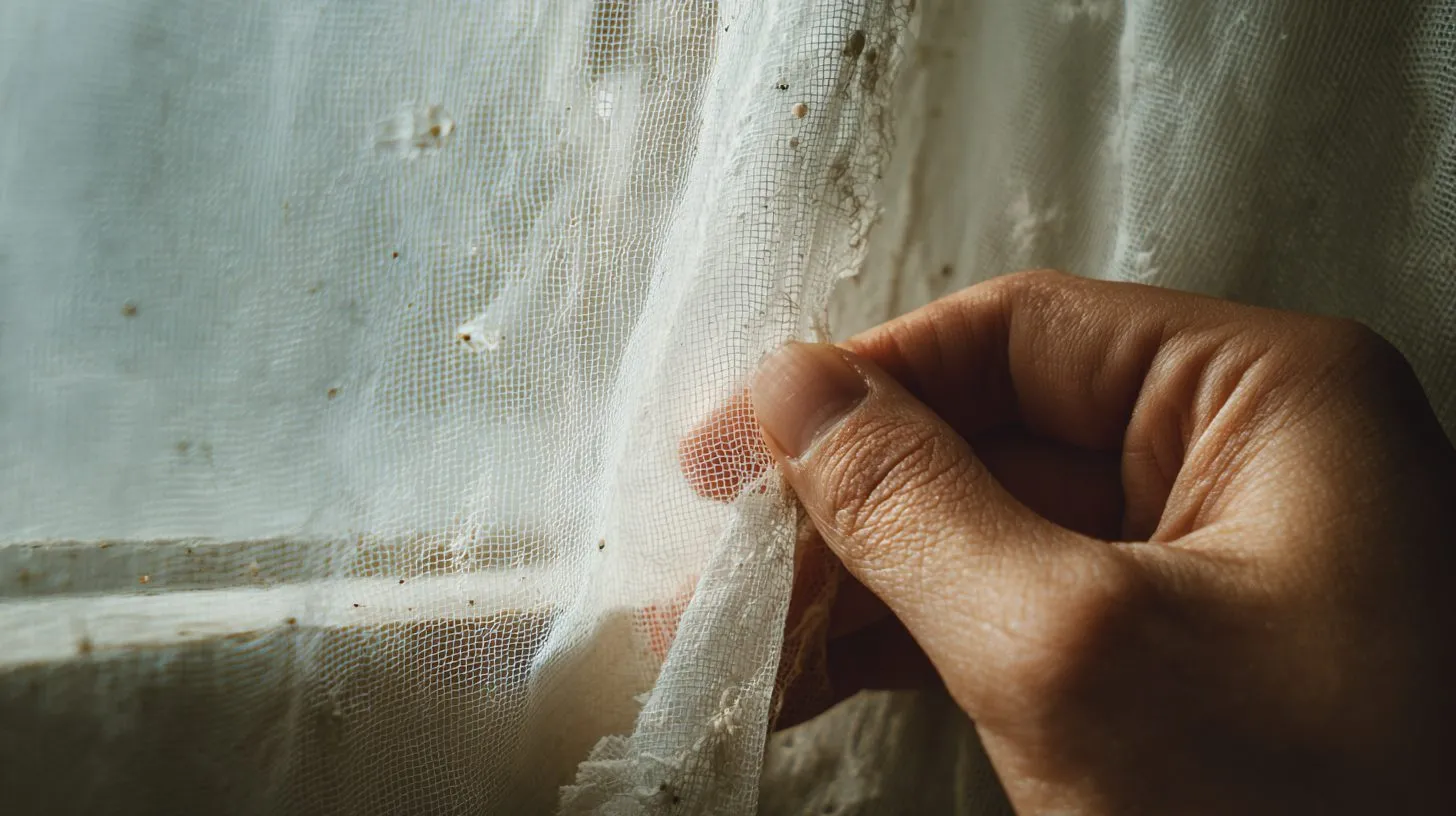Осмотр повреждений москитной сетки на пластиковом окне