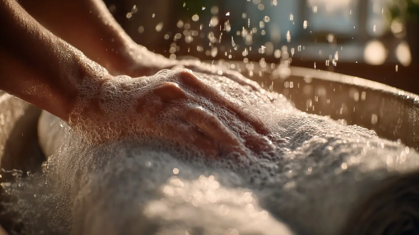 Процесс ручной стирки ткани рулонной шторы в тазике