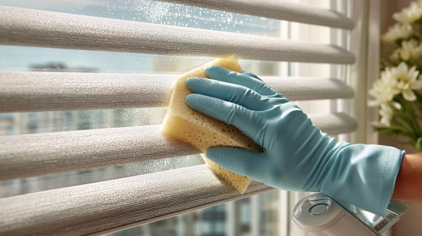 Процесс чистки рулонных штор с помощью пылесоса и губки