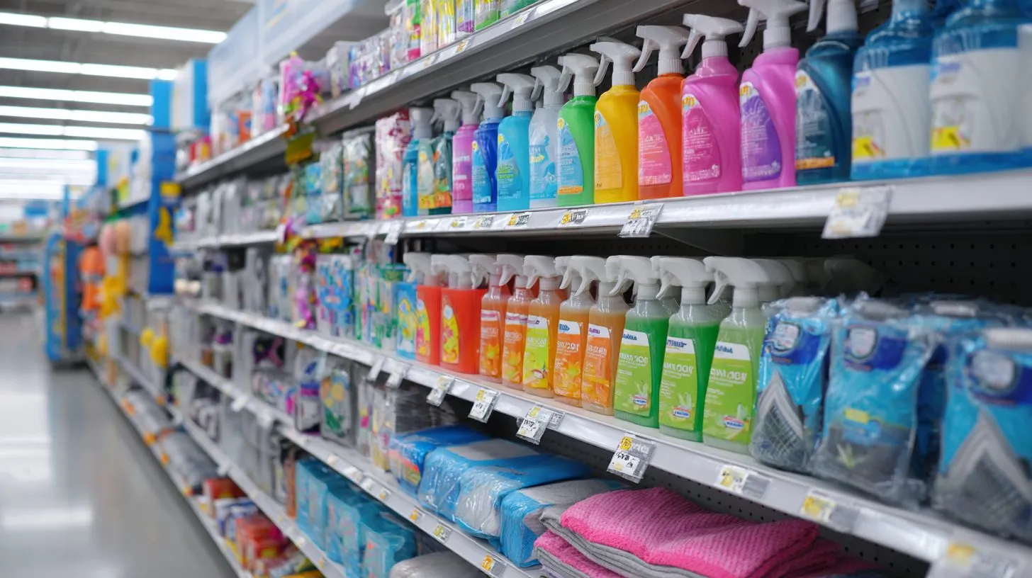 Различные средства для чистки рулонных штор на полке магазина