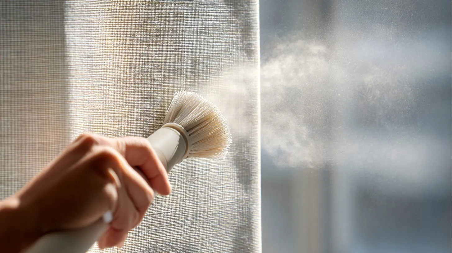 Процесс чистки ткани рулонных штор пылесосом