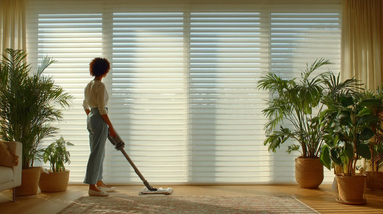 Чистка рулонных шторов на окне с помощью пылесоса и ткани