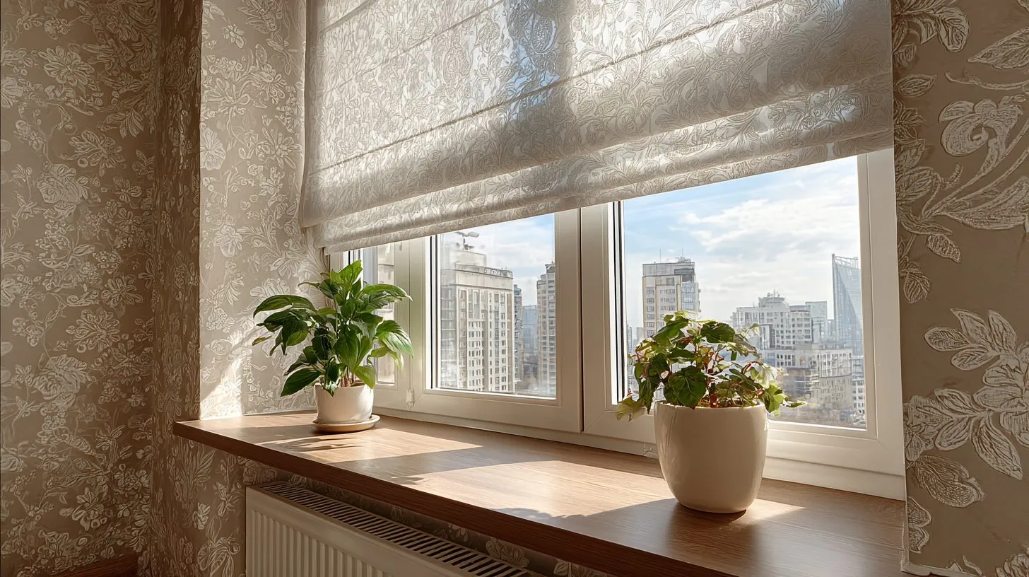 Рулонные шторы, установленные на пластиковое окно в российской квартире