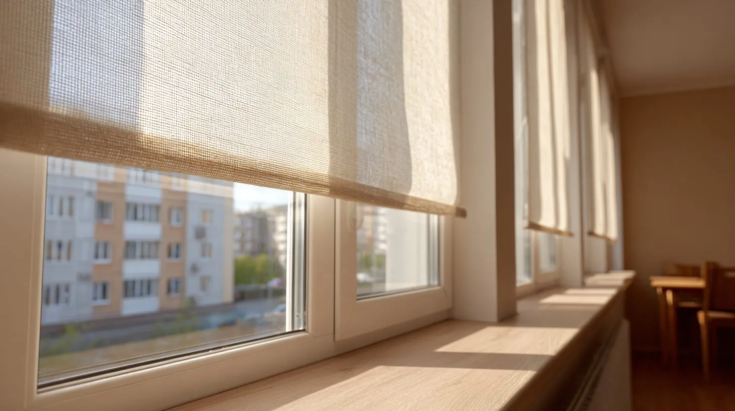 Рулонные шторы, установленные на пластиковом окне в российской квартире