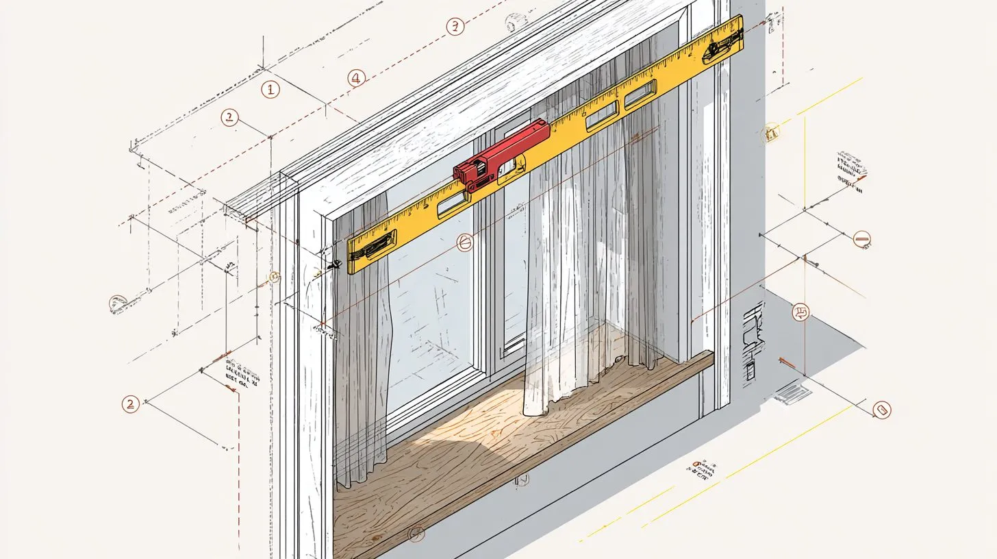 Схема измерения окна для установки рулонных штор с рулеткой и уровнем