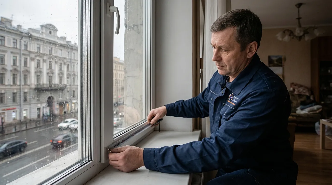 Специалист компании измеряет окно для москитной сетки в Санкт-Петербурге